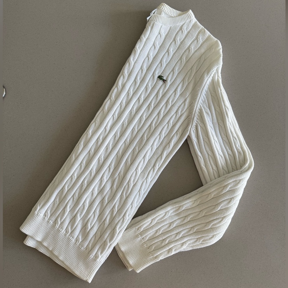 Lacoste White Cable Knit Sweater with Green Croc Logo